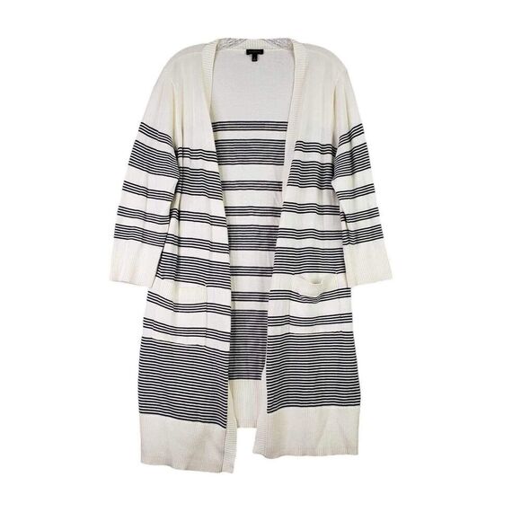 Talbots Cardigan Sweater Blue White Womens Size L Large Long Open Front Cotton - Picture 2 of 7